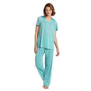 Vanity Fair Women Pant V-Neck Short Sleeve pajama set Teal blue 1X plus size